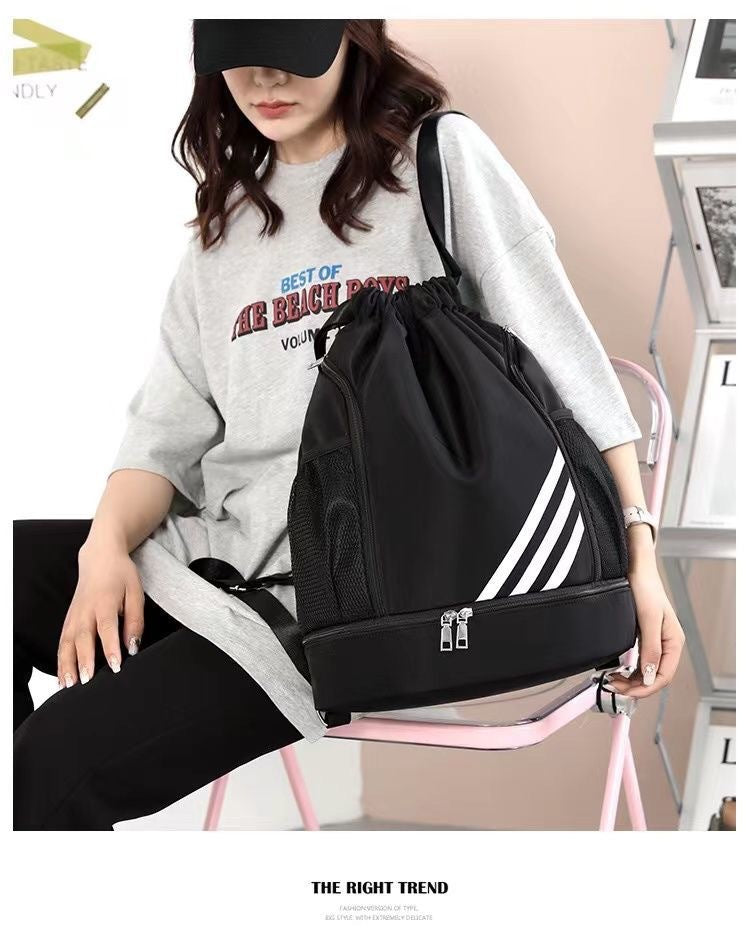 Mandotos International 2024 drawstring backpack with large capacity, outdoor training, basketball, gym, and travel bag features.