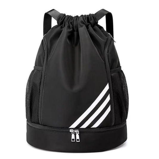 Mandotos International 2024 large-capacity drawstring backpack with pockets, ideal for outdoor training, basketball, travel, and gym use.