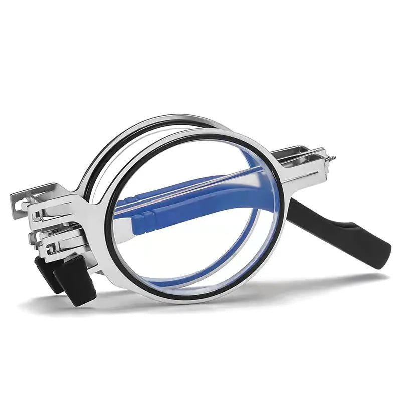 Mandotos International 2024 SleekFold anti-blue light reading glasses with slim black frame and clear lenses.