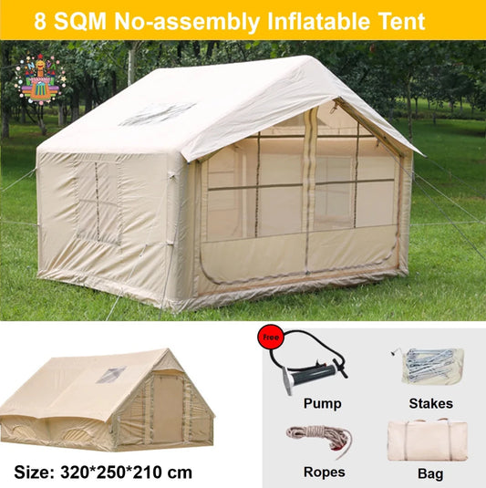 Large waterproof inflatable family tent by MANDOTOS INTERNATIONAL, outdoor camping air tent with airtight, durable design.