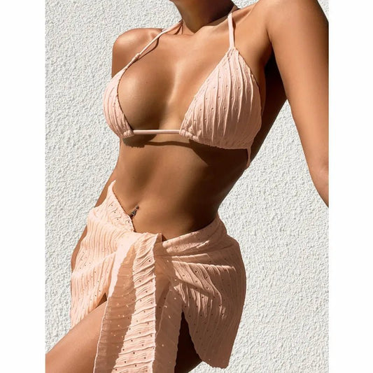 Mandotos International 2026 3-piece girls bikini set with a shimmering swimsuit and matching cover-up dress, suitable for beachwear.