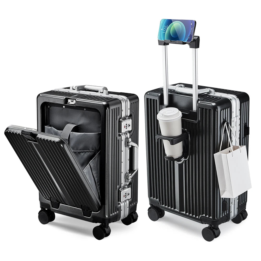 2026 US Warehouse MANDOTOS INTERNATIONAL 20-24 inch zipperless aluminum frame hard shell travel suitcase with front opening design