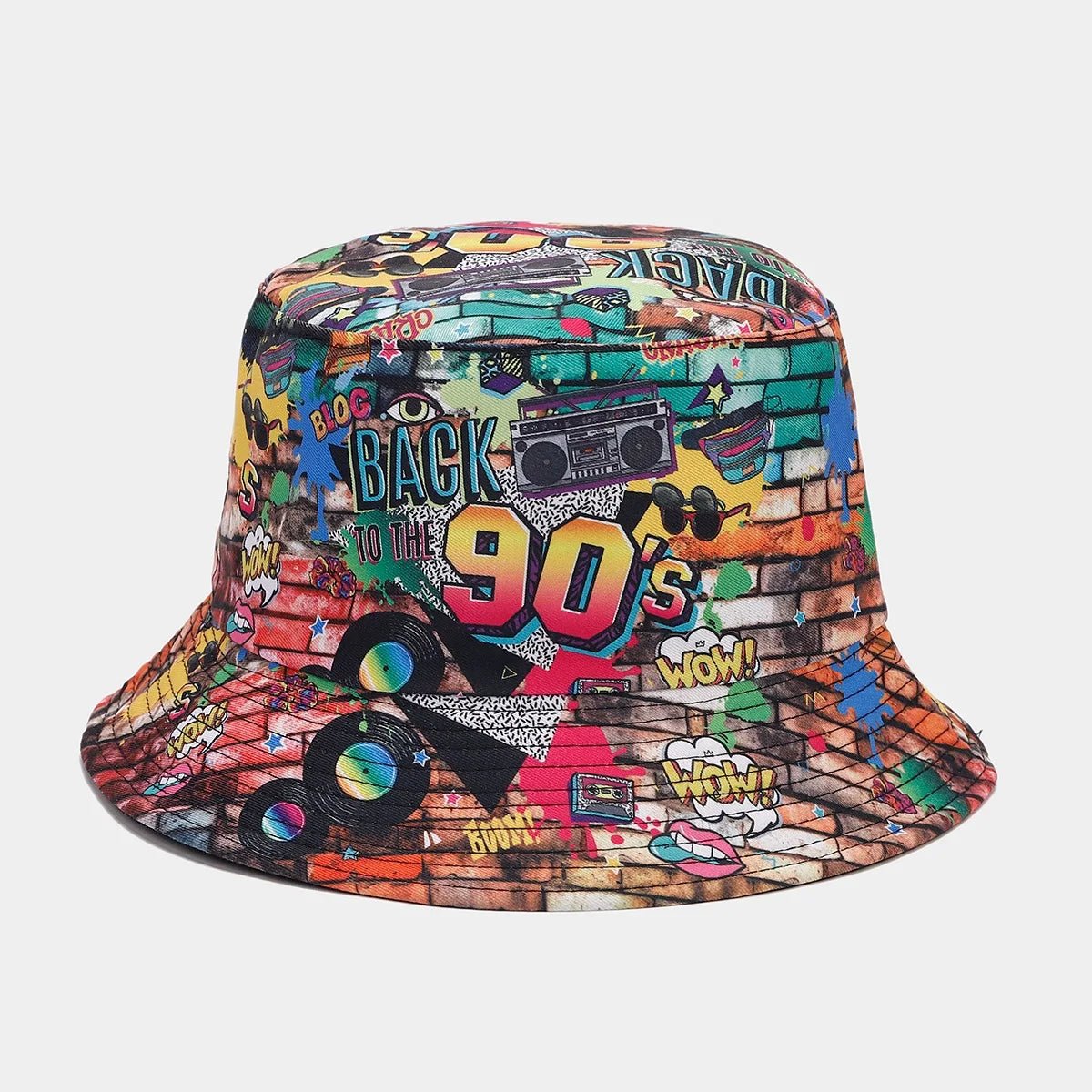 Retro graffiti double-sided bucket hat by MANDOTOS INTERNATIONAL, stylish sun hat for women and men, perfect for travel and parties.