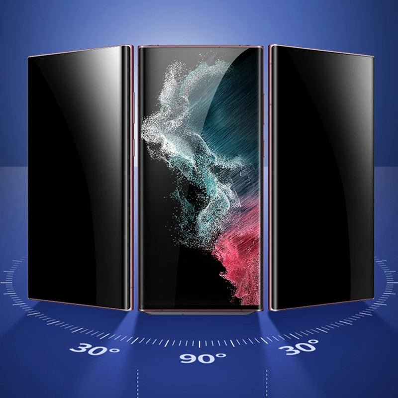 Three matte ceramic privacy screen protectors for Samsung Galaxy smartphones, anti-spy film by MANDOTOS INTERNATIONAL.