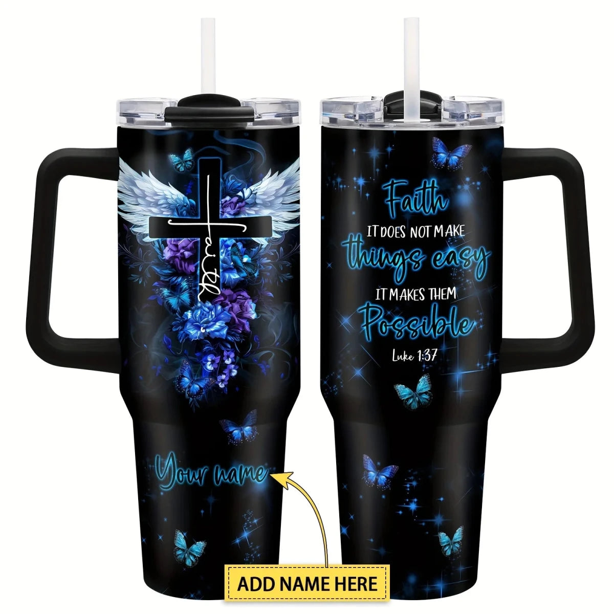Mandotos International 40 oz stainless steel vacuum travel mug with handle, insulated for hot and cold drinks, outdoor use.
