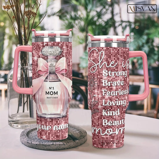 40 oz stainless steel vacuum travel mug with handle by MANDOTOS INTERNATIONAL, showing the sleek, insulated design and sturdy handle.