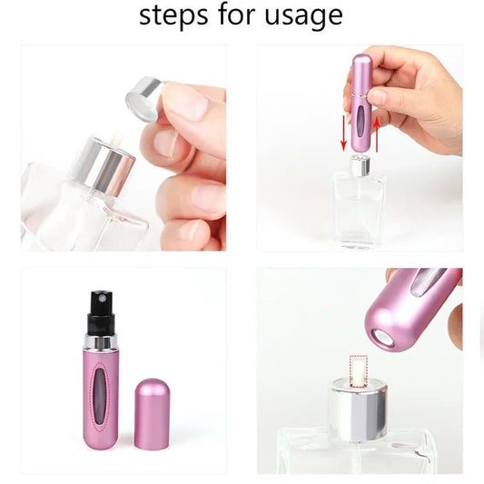Small aluminum travel perfume atomizer with 5ml capacity from MANDOTOS INTERNATIONAL, compact and portable for on-the-go use.