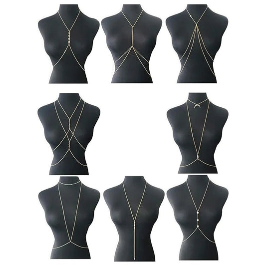 Set of 8 gold-tone body chains for women, including belly and waist chains, perfect for summer beach bikinis and body jewelry.