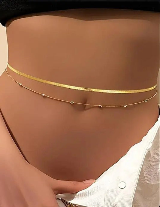 8-piece gold-plated waist chain set with beaded, sequin, and CZ coin designs, adjustable body jewelry by MANDOTOS INTERNATIONAL.
