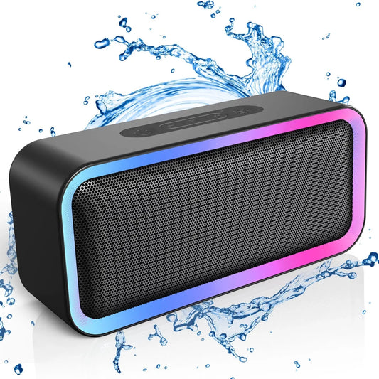 Mandotos International ACOME A6 waterproof Bluetooth speaker with 10W RGB lights, TWS V5.0, and bass, shown in the image.
