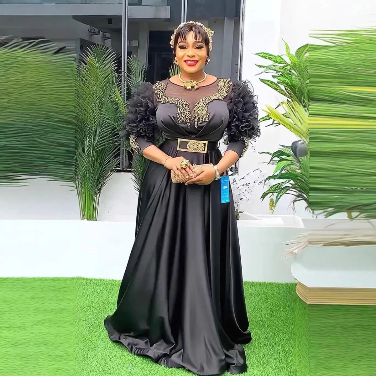 African dress for women by MANDOTOS INTERNATIONAL, plus size sequin evening gown with dashiki and Ankara patterns for parties.