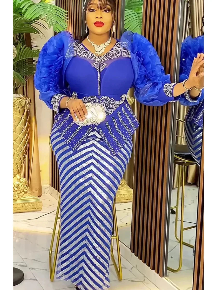 African dress for women by MANDOTOS INTERNATIONAL, plus size sequin evening gown with dashiki and Ankara designs for parties.