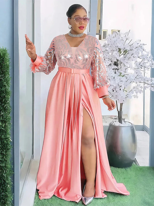 Mandotos International African dress for women, plus size sequin evening gown with dashiki and Ankara patterns for party or special occasions.