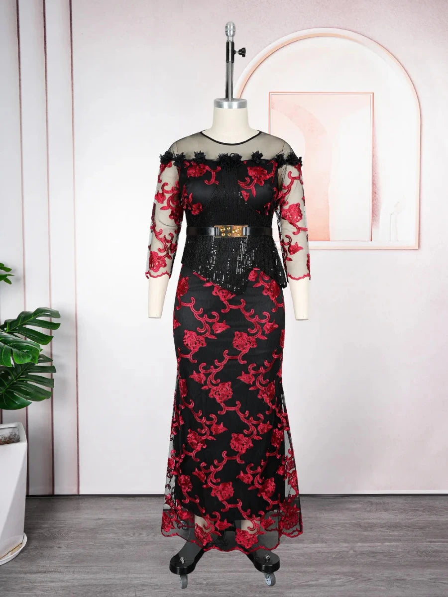Mandotos International African women’s sequin evening dress, long plus size dashiki Ankara outfit for party and special occasions.
