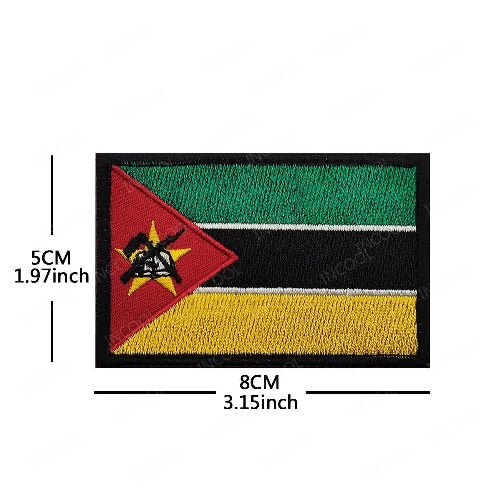 Embroidery patches of African flags and badges featuring Morocco, Nigeria, Gabon, Libya, and Namibia by Mandotos International.