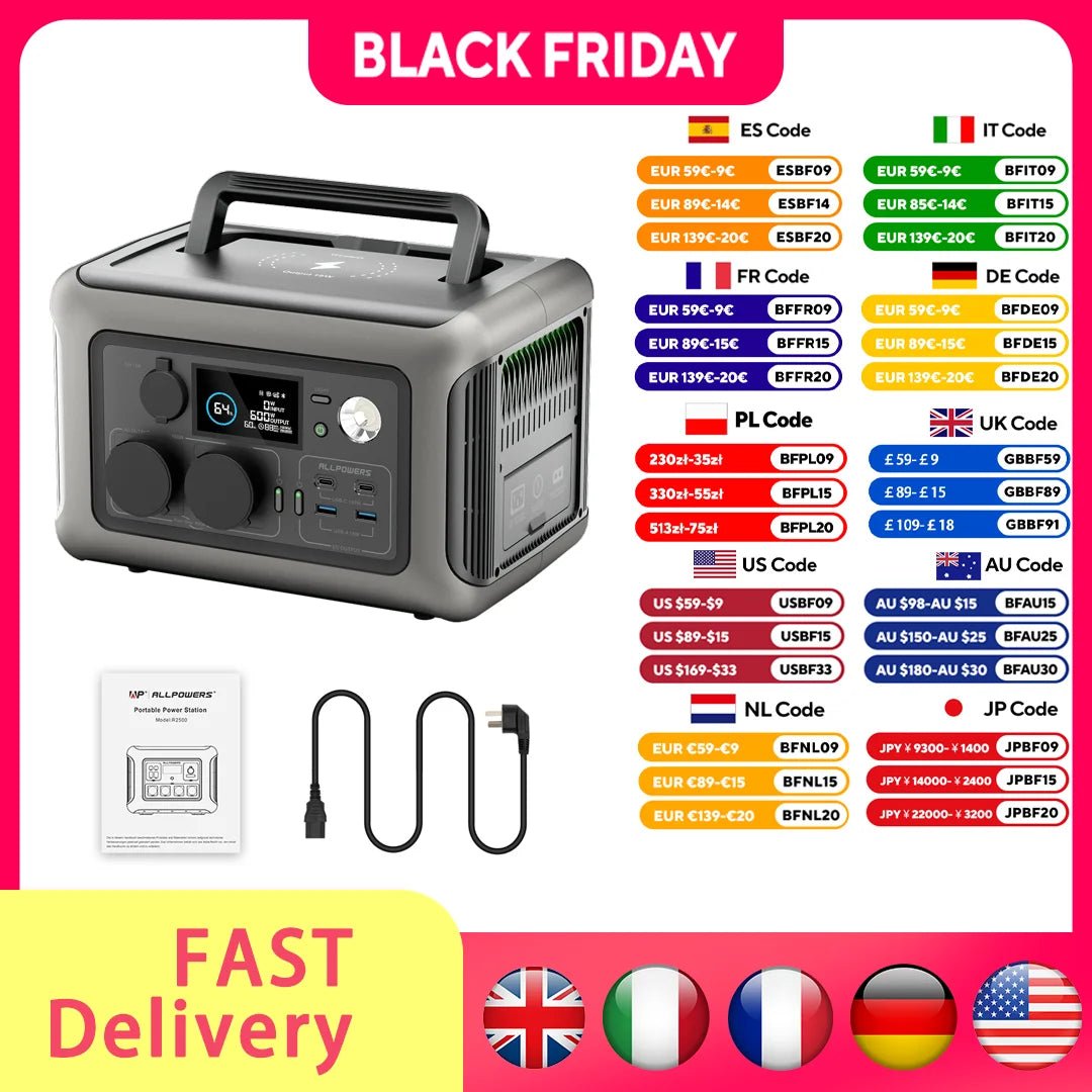 Allpowers R600 portable power station by Mandotos International with 299Wh LiFePO4 battery and two 600W AC outlets.