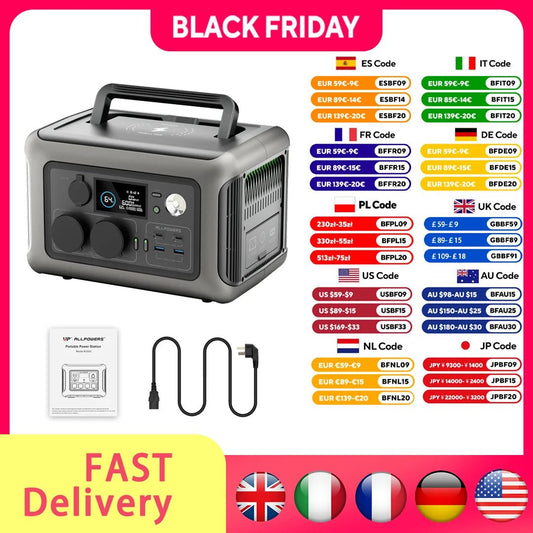 Allpowers R600 portable power station by Mandotos International with 299Wh LiFePO4 battery and two 600W AC outlets.