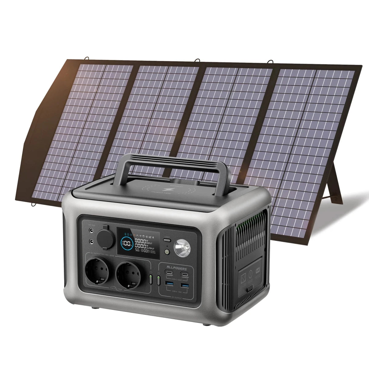 MANDOTOS INTERNATIONAL ALLPOWERS R600 portable powerstation with 299Wh LiFePO4 battery and 600W output, shown in a sleek design.