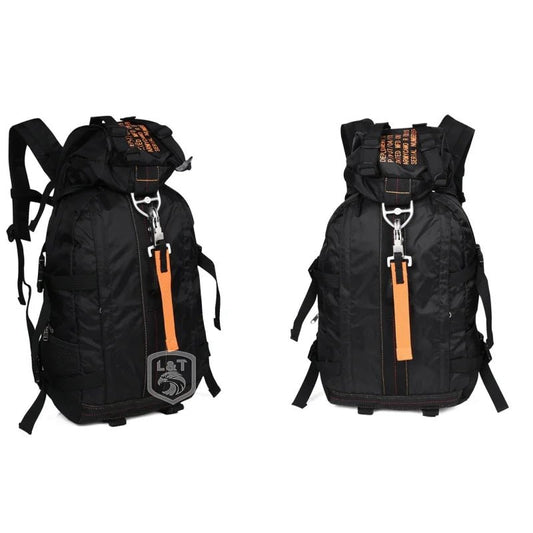 Mandotos International nylon tactical backpack with multiple compartments, designed for outdoor travel, hiking, and tactical use.