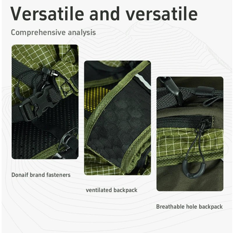 Mandotos International ANMEILU large capacity nylon backpack for mountain camping, hiking, and travel with multiple compartments.