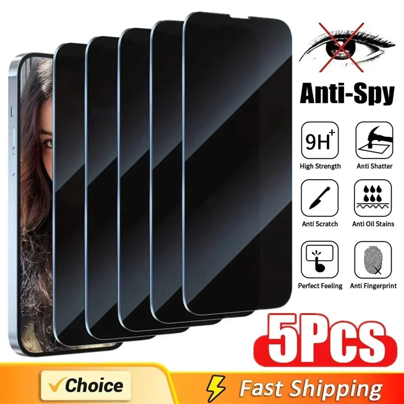 Mandotos International anti-spy glass privacy screen protector on iPhone models 11-17, showing secure privacy feature and clear display.