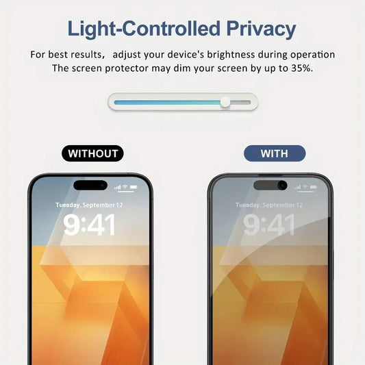 Mandotos International anti-spy glass privacy screen protector on iPhone models 11 to 17, showing screen protection and privacy feature.