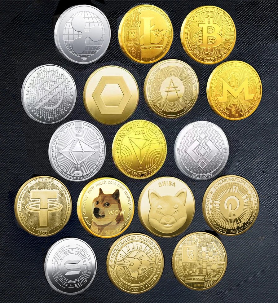 Mandotos International crypto coin collection featuring Bitcoin, Ethereum, Dogecoin, and more in a plastic case.