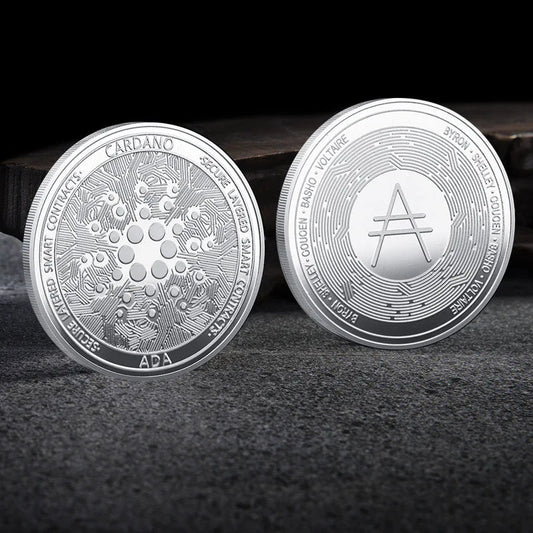 Mandotos International collection of physical metal crypto coins including Bitcoin, Ethereum, Dogecoin, and more in a plastic case.