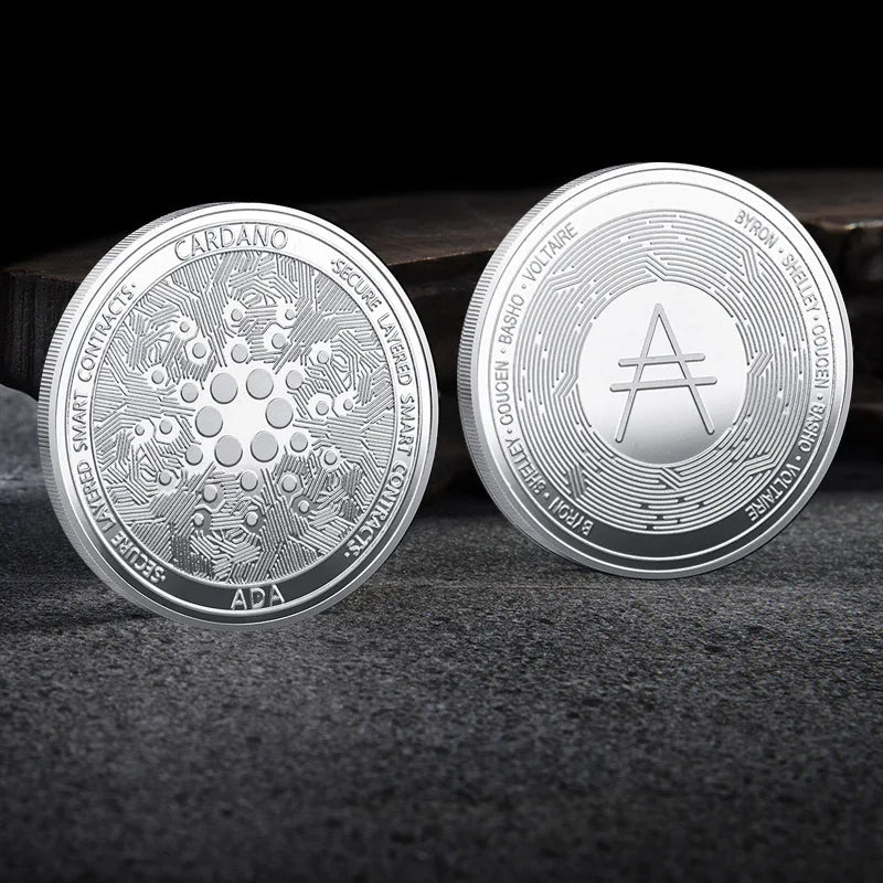 Mandotos International collection of physical metal crypto coins including Bitcoin, Ethereum, Dogecoin, and more in a plastic case.