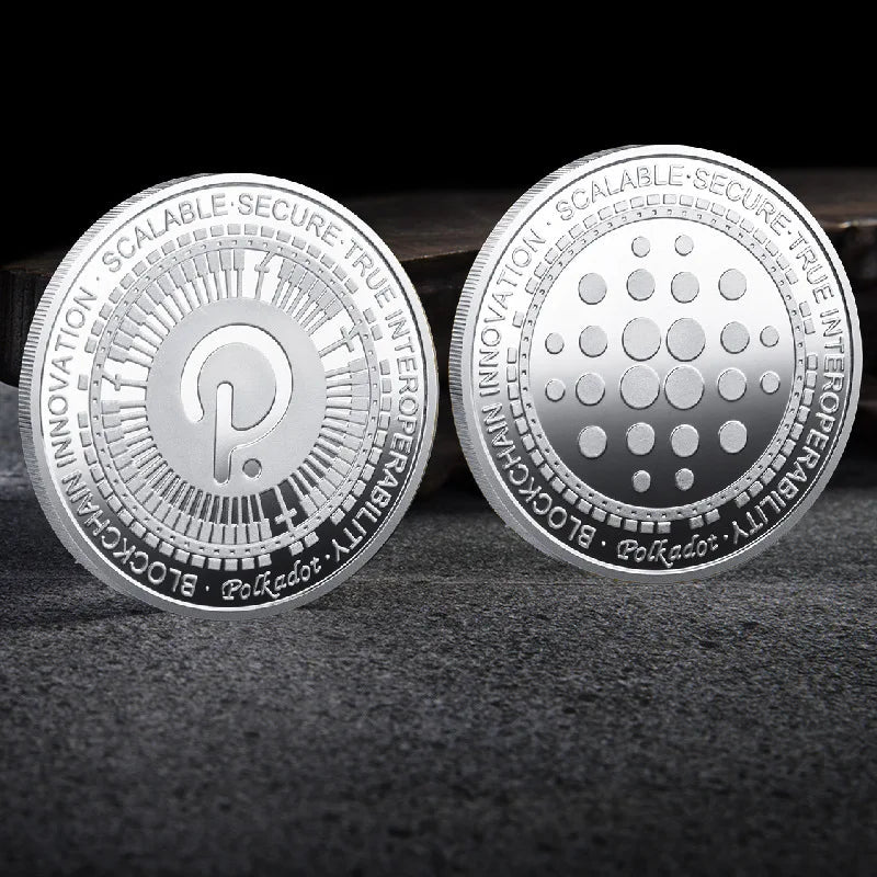Mandotos International crypto coin collection featuring physical Bitcoin, Ethereum, ADA, Shiba Inu, Dogecoin, Ripple, and more in a plastic case.