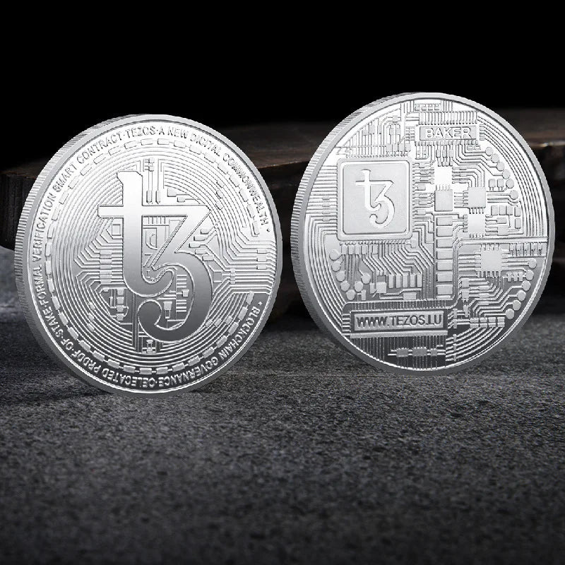 Mandotos International collection of physical metal crypto coins including Bitcoin, Ethereum, Dogecoin, and more in plastic case.