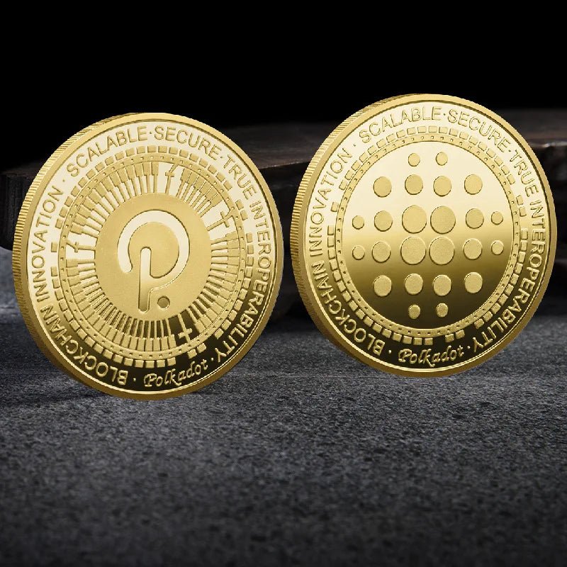 Mandotos International metal crypto currency coin collection featuring Bitcoin, Ethereum, Dogecoin, and more in a plastic case.