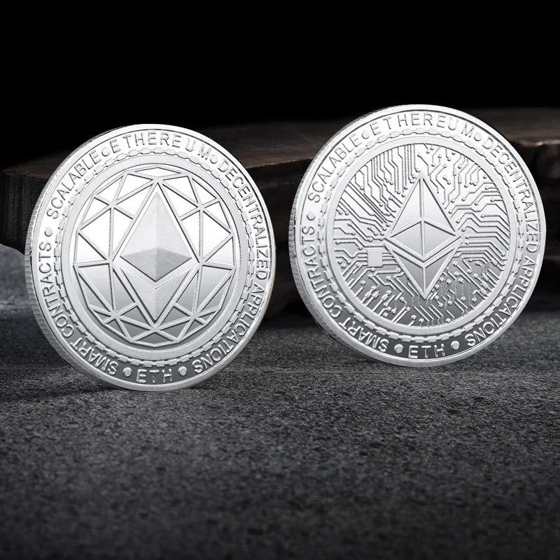 Mandotos International crypto coin collection featuring Bitcoin, Ethereum, Dogecoin, Ripple, and other metal coins in a plastic case.