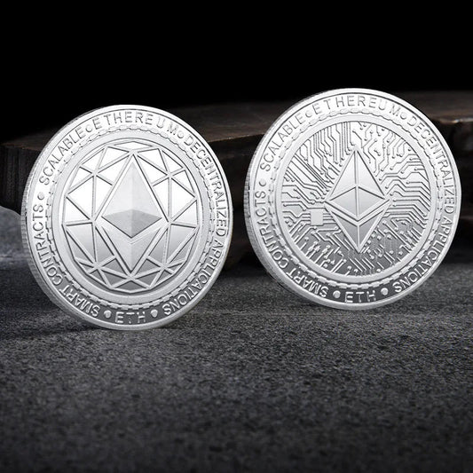 Mandotos International crypto coin collection featuring Bitcoin, Ethereum, Dogecoin, Ripple, and other metal coins in a plastic case.