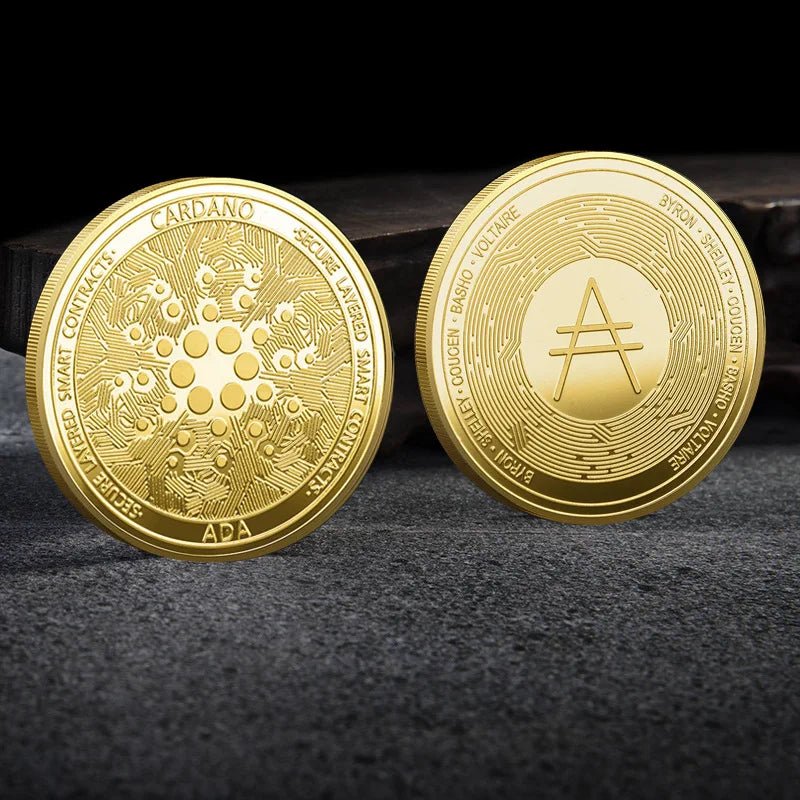 Metal crypto currency coin collection featuring Bitcoin, Ethereum, ADA, XRP, and more, displayed in a plastic case.
