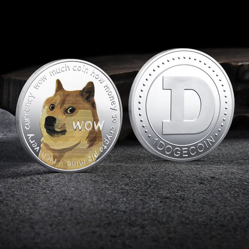 Mandotos International collection of physical metal crypto coins including Bitcoin, Ethereum, Dogecoin, and more in plastic case.