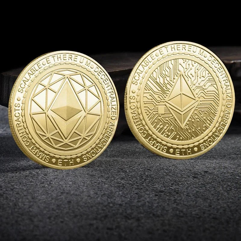 Mandotos International metal crypto coin collection featuring Bitcoin, Ethereum, Dogecoin, and more in a plastic display case.