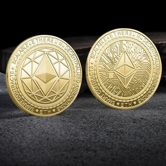 Mandotos International metal crypto coin collection featuring Bitcoin, Ethereum, Dogecoin, and more in a plastic display case.