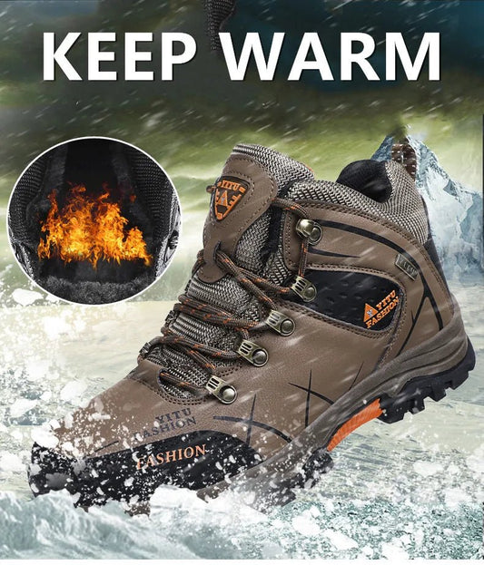 Mandotos International waterproof leather men's winter snow boots, warm outdoor hiking and work shoes, size 39-47.