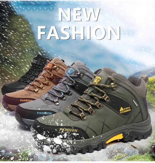 Mandotos International men's winter snow boots, waterproof leather sneakers, outdoor hiking and work shoes, size 39-47.
