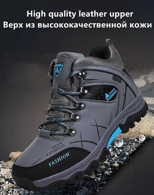 Mandotos International men's waterproof leather winter snow boots, outdoor hiking and work shoes, size 39-47.