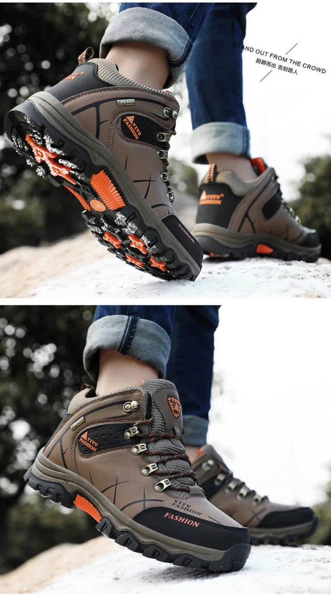 Mandotos International men's winter snow boots, waterproof leather, warm hiking and work shoes in size 39-47, outdoor footwear.