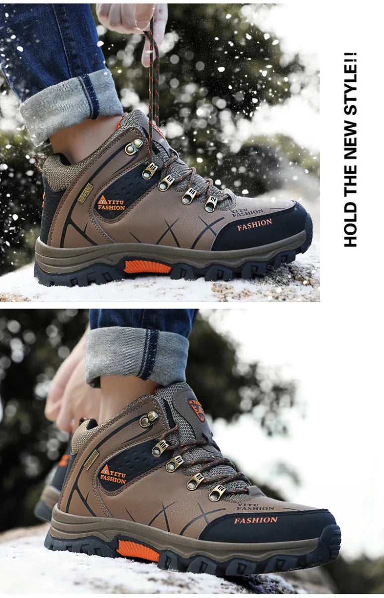 Mandotos International men's waterproof leather winter snow boots, outdoor hiking and work shoes, size 39-47, super warm and durable.