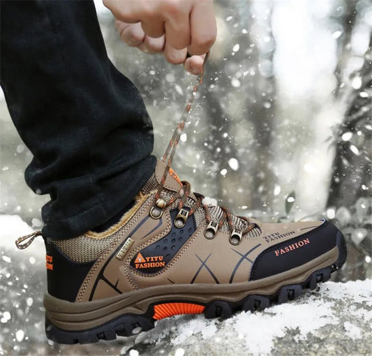 Mandotos International men's winter snow boots with waterproof leather, warm lining, outdoor hiking and work shoe, size 39-47.