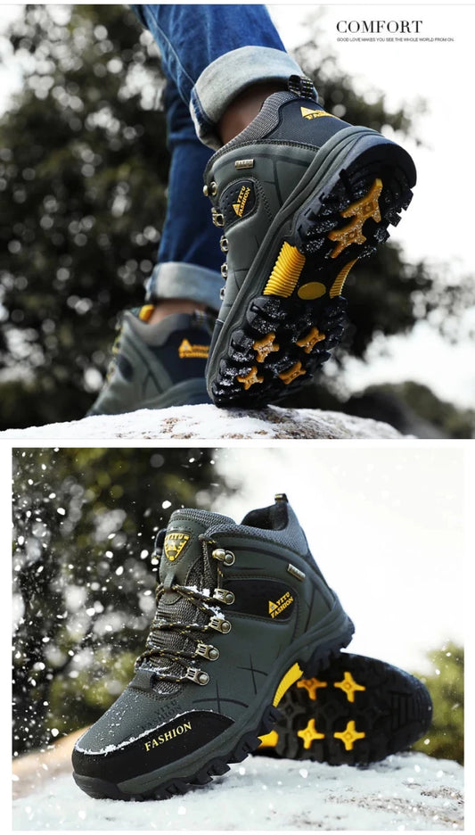 Mandotos international men's winter snow boots, waterproof leather hiking shoes, outdoor work boots, size 39-47.