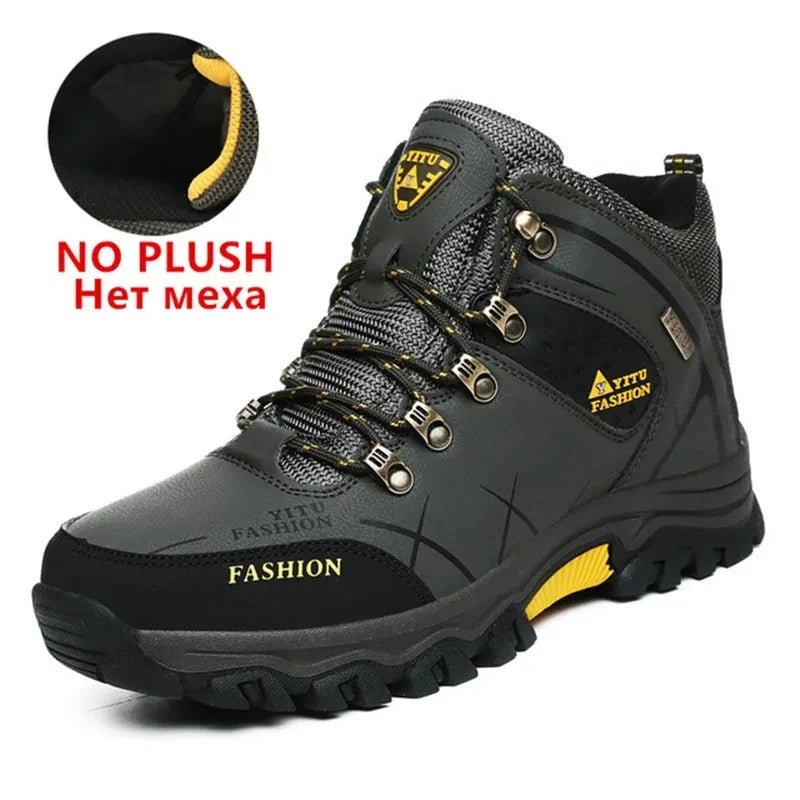 Mandotos International men's waterproof leather winter snow boots, outdoor hiking and work shoes, size 39-47, super warm and durable.