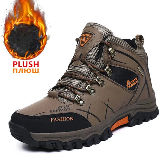 Mandotos International men's winter snow boots with waterproof leather, warm lining, outdoor hiking, and work shoe design in size 39-47.