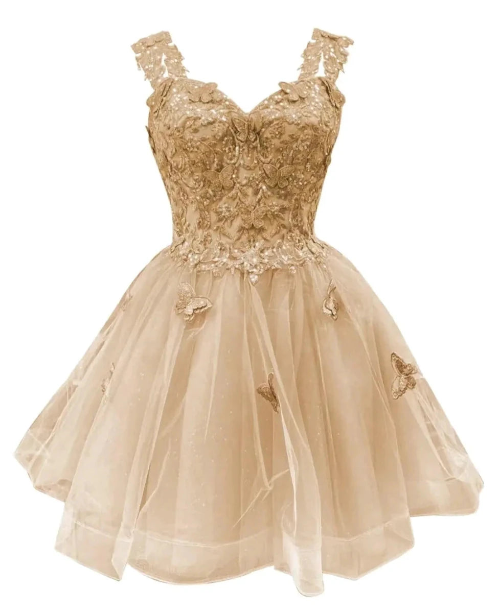 Butterfly Sparkle off-shoulder homecoming dress by MANDOTOS INTERNATIONAL featuring a fitted silhouette and shimmering embellishments.