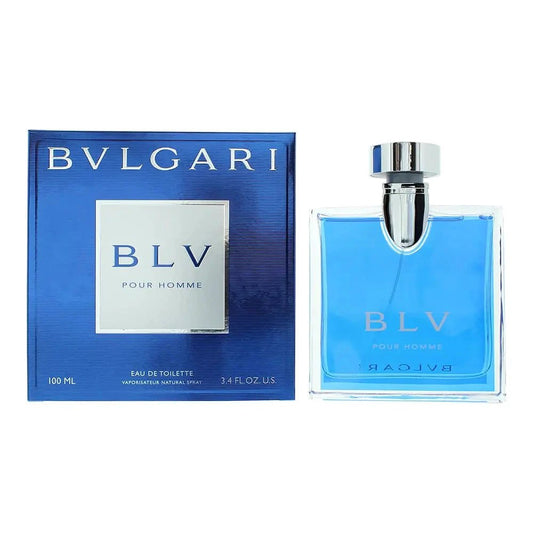 Mandotos International BVLGARI BLV men's 3.4 oz Eau de Toilette bottle with sleek design and silver cap.