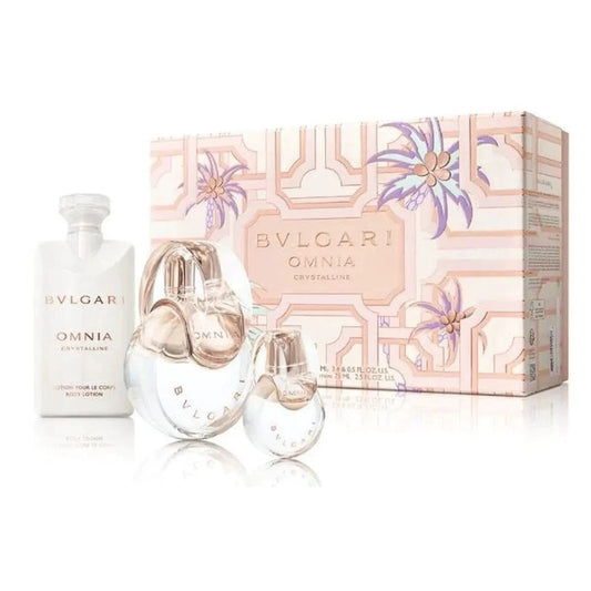 Bvlgari Omnia Crystalline Essence Set for Women featuring a perfume bottle and matching packaging, elegant and sophisticated design.